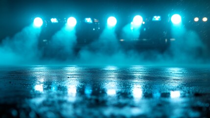 Fototapete - Low-angle close-up captures the striking effect of bright blue searchlights piercing through thick mist, illuminating a damp urban landscape at night