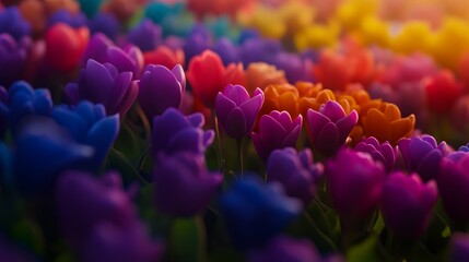 Leinwandbilder - Low-angle close-up showcases colorful tulips in full bloom against a blurred garden background, inviting a sense of joy and natural beauty