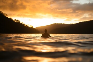 Aufkleber - A man walks on water during a captivating sunset, his silhouette glowing in warm light with ripples spreading across the peaceful surface of the lake