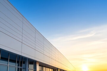 Aufkleber - Low-angle shot captures a sleek modern building with geometric shapes against a clear sky, highlighting its design and perspective during sunset