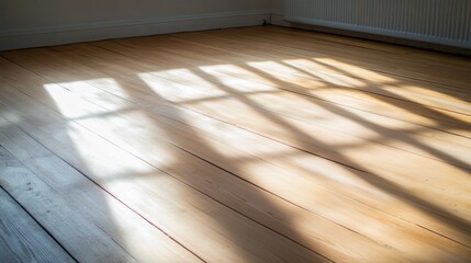 Aufkleber - Vintage wooden floor exudes warmth as soft beams of light stream through a window, casting delicate shadows and creating a serene atmosphere perfect for inspiration