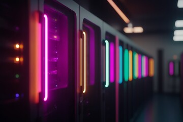 Poster - Low-angle view showcases a modern server rack featuring glowing LED lights