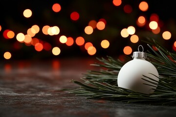 Aufkleber - A white Christmas ornament with exquisite silver details rests among fresh pine branches, softly illuminated by warm, blurred holiday lights in the background