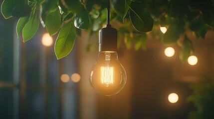Aufkleber - Glowing light bulb hangs among lush green foliage, representing renewable energy concepts and eco-conscious living in a serene, nature-inspired atmosphere