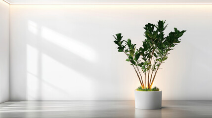 Poster - Modern indoor plant in white pot with green leaves, placed in minimalistic bright room, sunlight casting soft shadows on white wall, creating calm and fresh atmosphere
