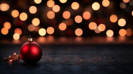 Aufkleber - A shiny red Christmas ornament sits on a silver surface, accentuated by warm bokeh lights in the background, evoking a cozy holiday spirit perfect for celebrations