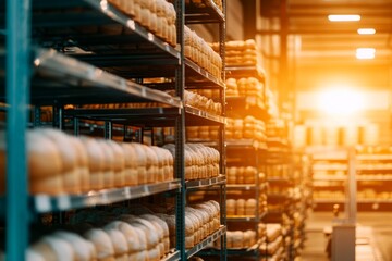 Aufkleber - A bread rack displays an array of fresh loaves, illuminated by warm light that accentuates the textures and colors, creating a cozy and inviting atmosphere