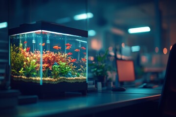 Aufkleber - A beautifully arranged aquarium showcases colorful fish swimming among vibrant plants, adding tranquility to the modern desk environment under soft lighting