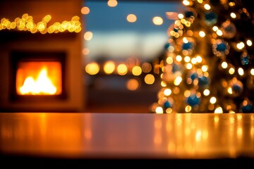Poster - A Christmas tree decorated with silver and blue ornaments shines softly with lights while a glowing fireplace adds warmth to the atmosphere in the background