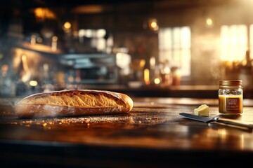 Aufkleber - On a rustic wooden kitchen table, a fresh French baguette rests beside a small jar of butter and a vintage knife, creating a warm and inviting scene