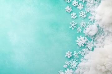 Poster - Intricate snowflakes are beautifully arranged across a frosty blue gradient surface, reflecting light and creating a magical winter atmosphere