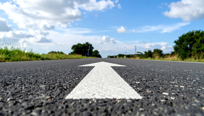 Wall Mural - image captures low angle view of white arrow painted on road, leading towards clear blue sky with sc