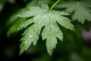 Poster - Dew drops cling to a vibrant green leaf, basking in sunlight while surrounded by soft, blurred foliage, enhancing the fresh and natural atmosphere