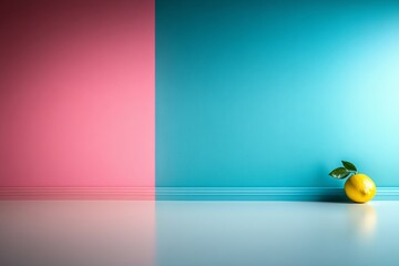 Leinwandbilder - A vibrant yellow lemon sits gracefully on a smooth pastel coral surface, accompanied by a glossy green leaf, showcasing a fresh and minimalist aesthetic