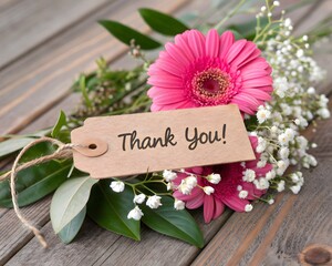  A pink rose bouquet and other flowers adorn a thank you card, perfect for a happy birthday or mothers day greeting with heartfelt text on paper