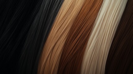 Fototapete - Silky strands of hair in various shades of blonde, brown, and brunette are arranged neatly, showcasing texture and tonal variations in natural light