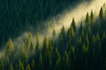 Poster - A breathtaking view of a green forest reveals rolling mist and soft morning sunlight creating a peaceful ambiance among the towering trees
