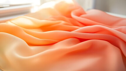 Leinwandbilder - A single piece of fabric rests gracefully on a chair, displaying a stunning gradient of warm colors with soft, diffused light enhancing its inviting texture