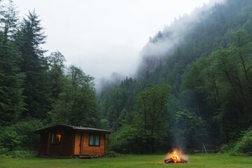 Poster - A cozy wooden cabin nestled in dense forest offers a perfect retreat. A warm campfire glows while mist rolls over distant mountains, creating calm ambiance