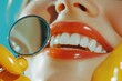 © EUT - Woman's mouth with shiny lips and perfect teeth inspected via dental mirror. Excellent for dentistry or beauty promotions, emphasizing oral hygiene and care.