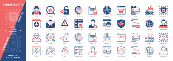 Cybersecurity icon set. Access, Hacker, Fingerprint, Firewall, Data Protection, Technology, Software, Confidentiality. Duotone color solid and editable outline icons