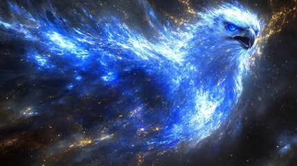 Wall Mural - Majestic celestial avian illustration with glowing particles and vibrant blue cosmic energy blending mythical wonder and artistic innovation