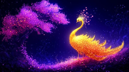 Wall Mural - Glowing feathered fowl formed from stardust illuminated on cosmic pond of blossoming dreams conveying enchantment and imagination within celestial bodies