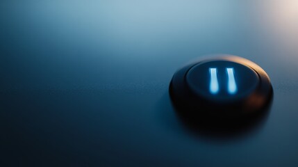Poster - A close-up view showcases a sleek power button featuring a glowing blue LED light against a white background, ideal for displaying text or graphics