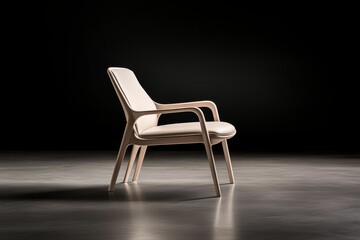 Poster - This modern armchair features a white leather seat and light wooden frame, showcasing minimalist aesthetics against a charcoal background, emphasizing its design
