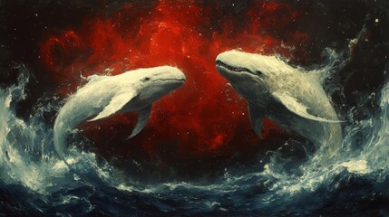 Wall Mural - Celestial duet compelling artwork featuring majestic whales dancing beneath a vibrant cosmic sky evokes wonder and imagination seamlessly blending aquatic realms with space