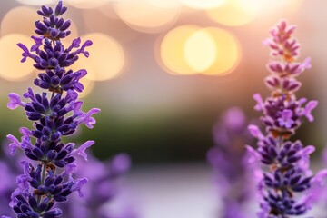 Fototapete - Blurry bokeh in lavender, pastel mint, and warm champagne tones enhances a peaceful abstract background, offering ample space for text and creative uses