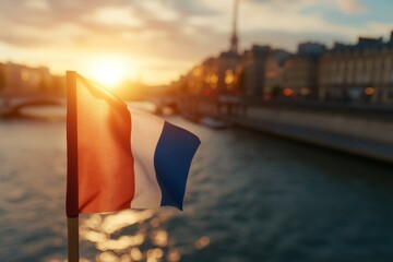 Aufkleber - French flag flutters gently in the breeze, set against a beautiful city skyline at golden hour, embodying national pride and urban charm as the sun sets