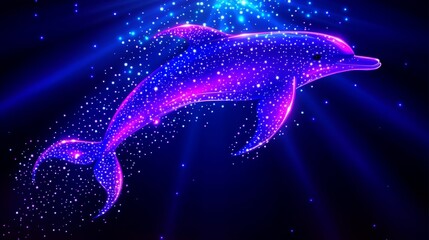 Wall Mural - A vibrant holographic depiction of a dolphin gracefully swimming through a dark aquatic galaxy with magical glowing particle effects surrounding it
