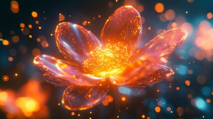 Glowing Orange Flower Abstract Digital Art with Blue Particles and Bokeh