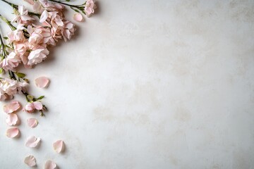 Aufkleber - Delicate pink roses and scattered petals adorn a blank white surface, offering elegant freshness and a calming aesthetic perfect for invitations or decor