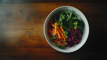 Aufkleber - A colorful array of fresh vegetables is artfully arranged in a simple white bowl on a wooden table, showcasing their natural beauty and freshness