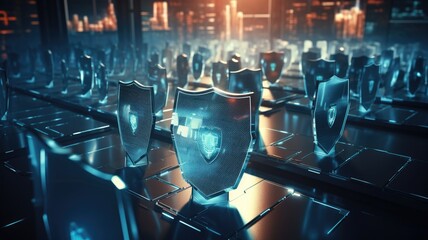 Picture of digital security system to protect dangerous hacking computer user in colorful light of cyberspace style theme. Coding and programming for guarding digital technology from criminal. AIG53.