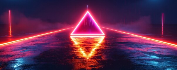 Wall Mural - a neon illuminated triangle reflected on a wet reflective surface