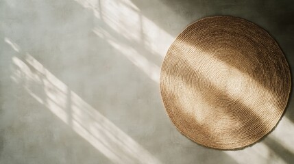 Poster - Round jute rug with intricate woven patterns sits on a light beige surface, complemented by soft shadows that enhance a tranquil bohemian vibe