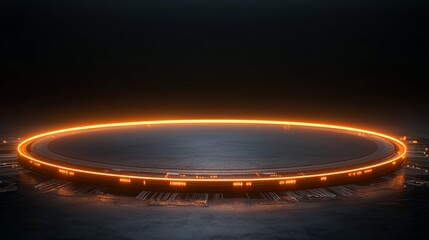 Fototapete - Abstract circular design featuring complex circuit board lines extending outward, softly illuminated against a dark background, with empty space on the right for text
