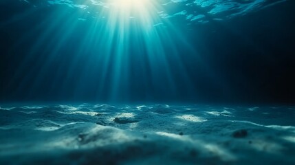 Poster - Experience the tranquility of white sand at the ocean floor beneath clear, gentle ripples, with sunlight filtering down to create a calming atmosphere