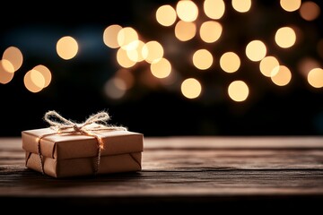 Poster - A beautifully wrapped gift sits on a wooden surface, surrounded by a softly blurred snow-covered Christmas tree illuminated by warm lights during the festive season