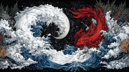 Wall Mural - Celestial collision of moon and fiery dragon amidst swirling nebulae a cosmic dance of opposing forces artistry in astrophotography style