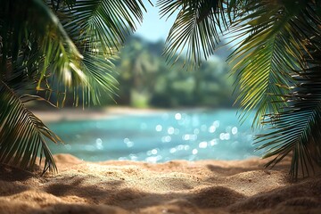 tropical beach scene; sunlit sand, calm ocean