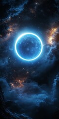 Wall Mural - mysterious blue neon ring illuminates a dark and dramatic galaxy, cloudscape background