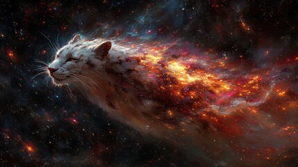 Wall Mural - Cosmic lion nebula with celestial fire mane blazing across the starry expanse, a majestic animal spirit symbolizing strength and universe wonder