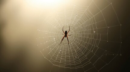 Golden sunlight illuminates a delicate spiderweb adorned with glistening water droplets in nature