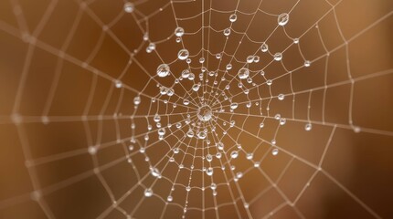 Close up macro captures glistening water droplets suspended in spiderweb, artistic photography.