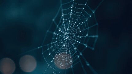 A close-up of a dew-kissed spiderweb glistens, embodying resilience and intricate natural design.