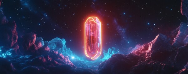 Wall Mural - a glowing crystal centered within a celestial and rocky landscape